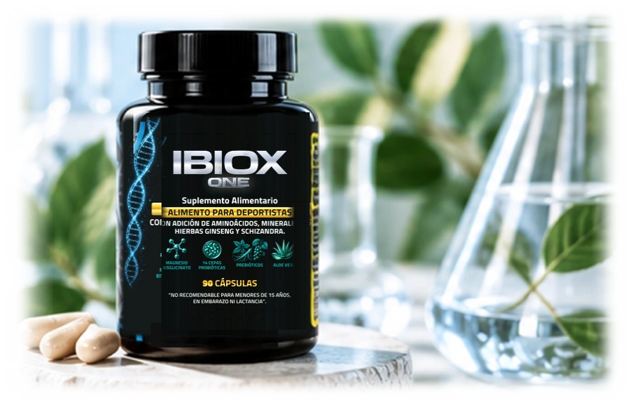 Frasco de IBIOX ONE sobre pedestal con fondo de laboratorio farmacéutico